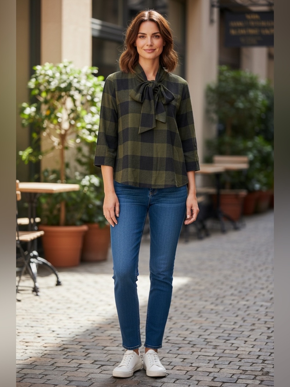 Zara Olive & Black Plaid Bow-Neck Blouse